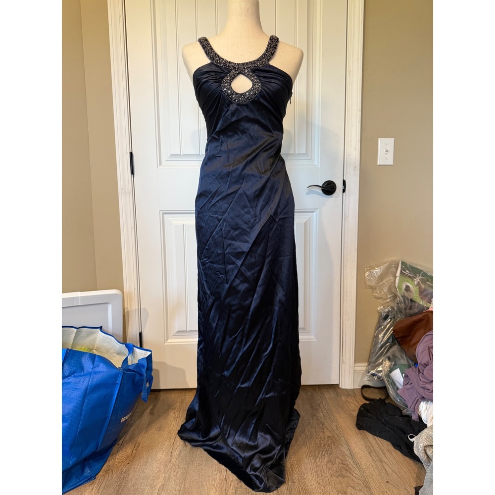 De Laru Collection Navy Blue Satin Beaded Keyhole Open Back Formal Dress 3/4